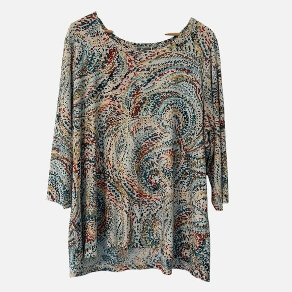 Women's 3X PLUS Stretchy 3/4 Sleeve Blue / Red / Gold Swirl Career Casual Blouse - Picture 1 of 4